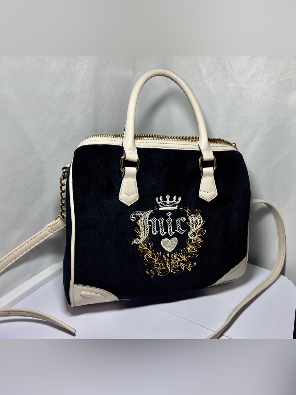 Juicy Couture Black Velour Heritage Satchel Bag White Trim Embroidery